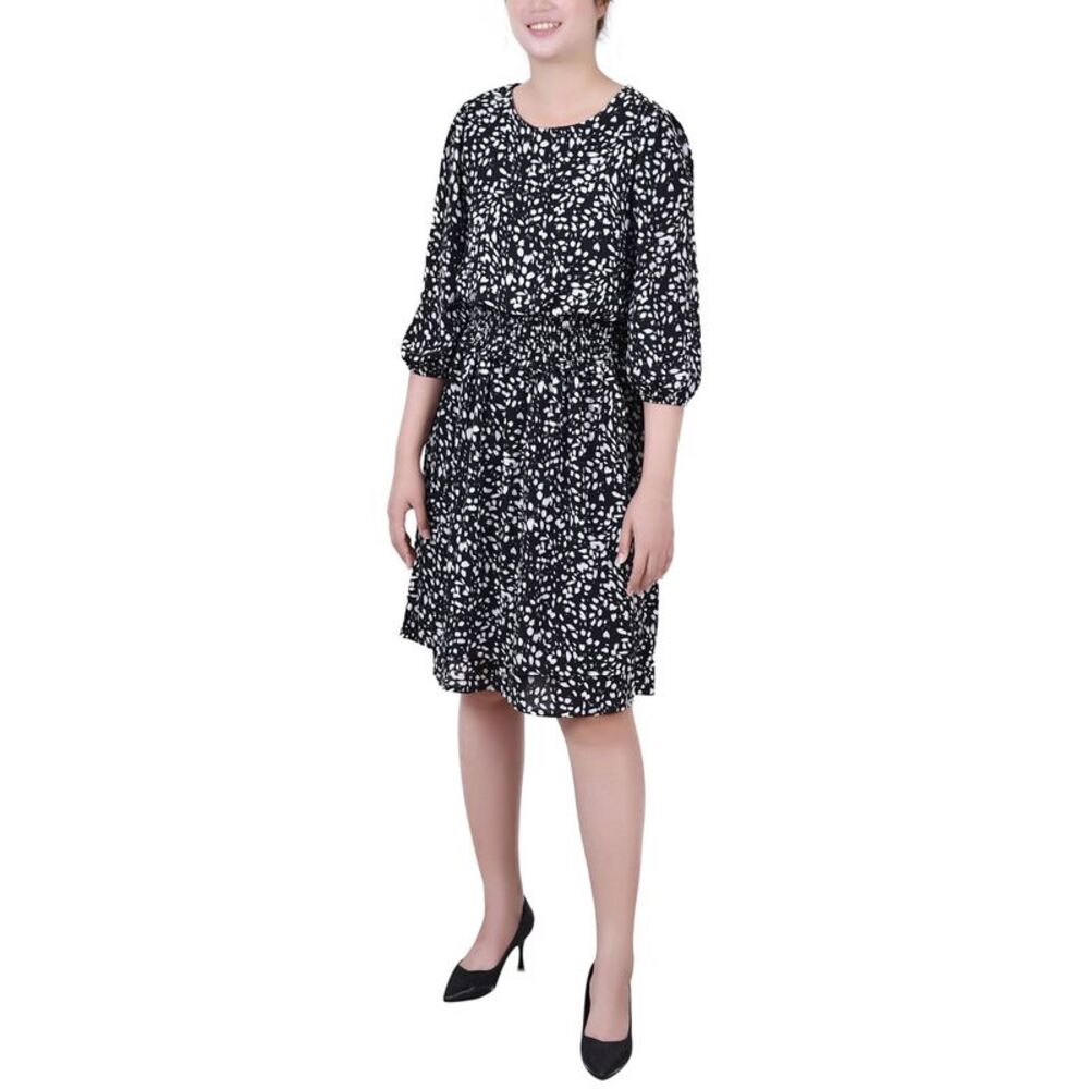 NY Collection Petite Size 34 Sleeve Dobby Smocked Waist Dress